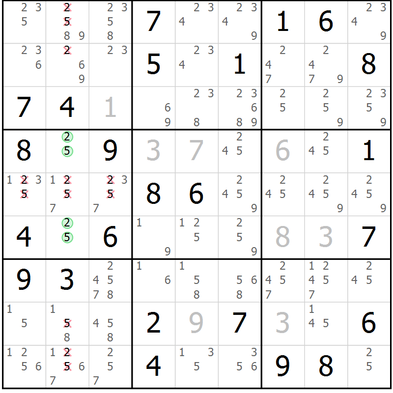 Position des candidats pour la solution de la Gr 65 page 68 du magazine de sudoku Maestro n° 104