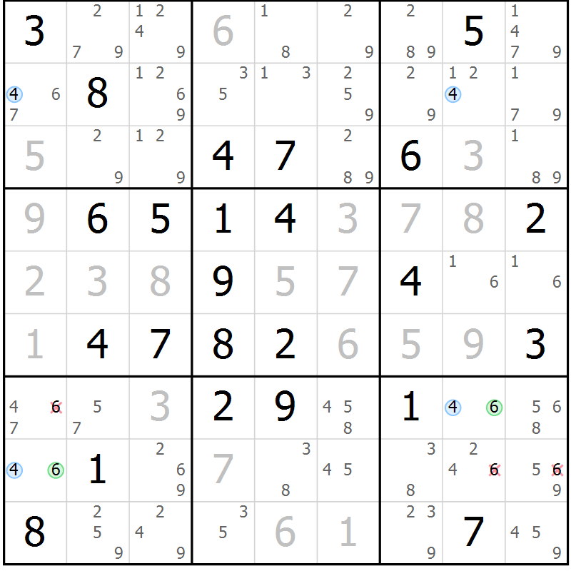 Position des candidats pour la solution de la Gr 66 page 69 du magazine de sudoku Maestro n° 104