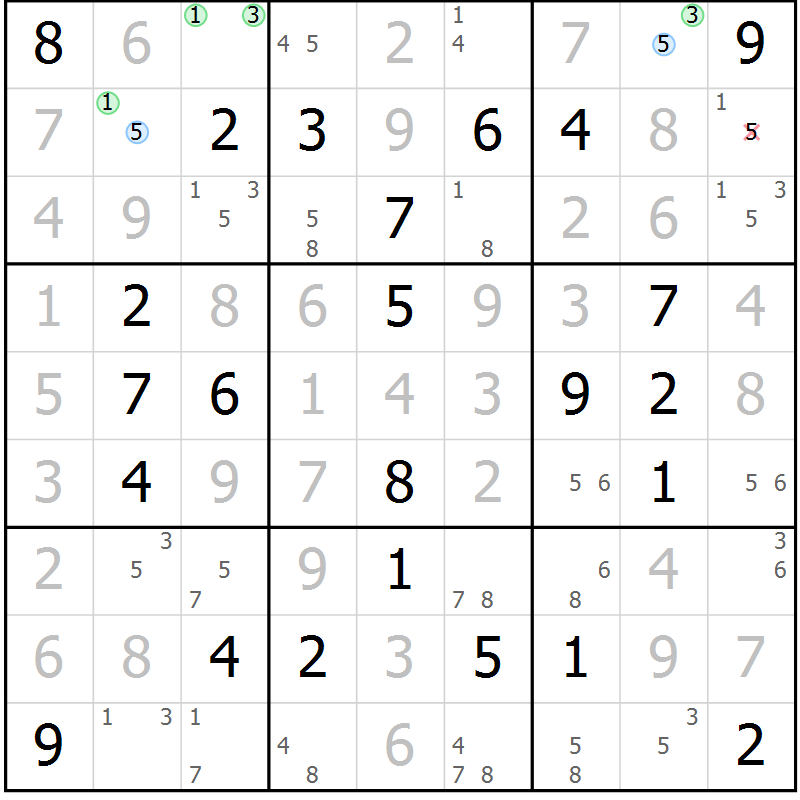 Position des candidats pour la solution de la Gr 67 page 70 du magazine de sudoku Maestro n° 104