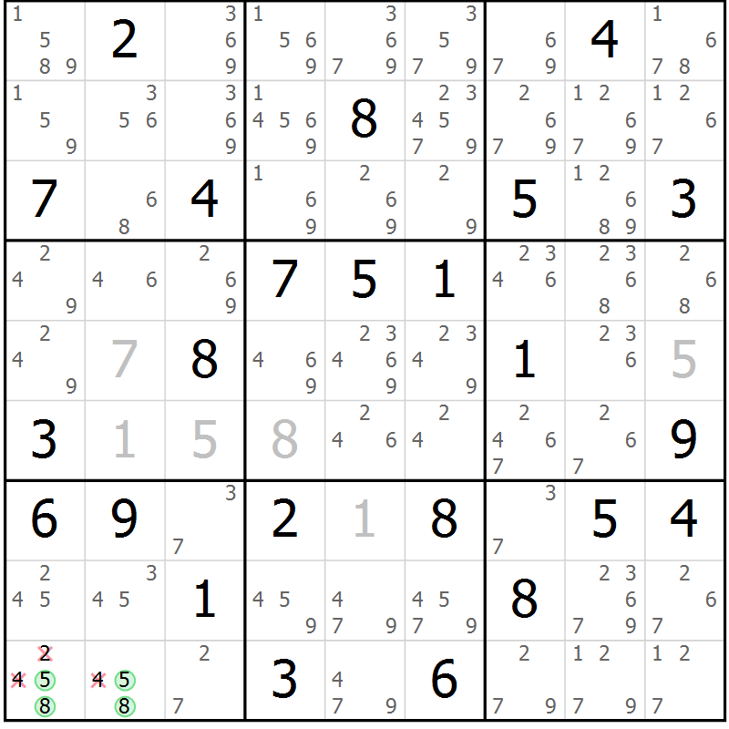Position des candidats pour la solution de la Gr 68 page 71 du magazine de sudoku Maestro n° 104