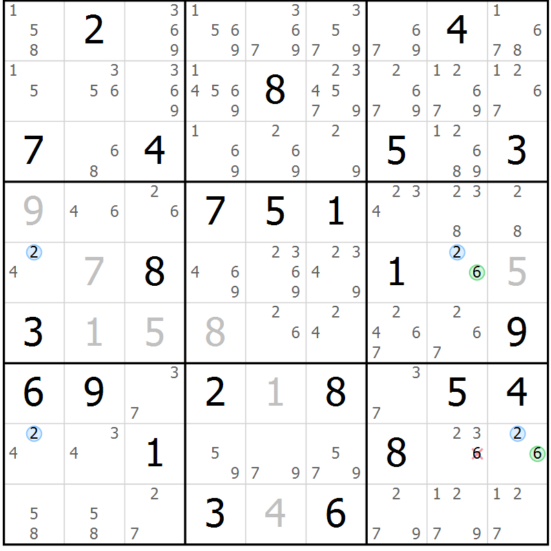 Position des candidats pour la solution de la Gr 68 page 71 du magazine de sudoku Maestro n° 104