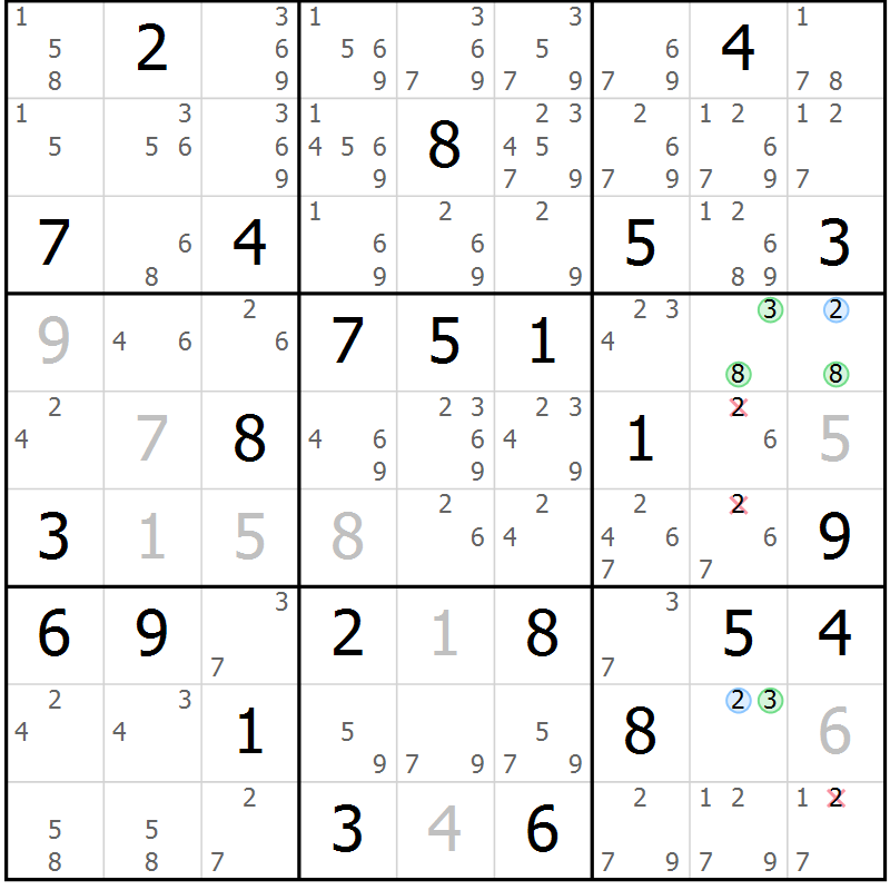 Position des candidats pour la solution de la Gr 68 page 71 du magazine de sudoku Maestro n° 104