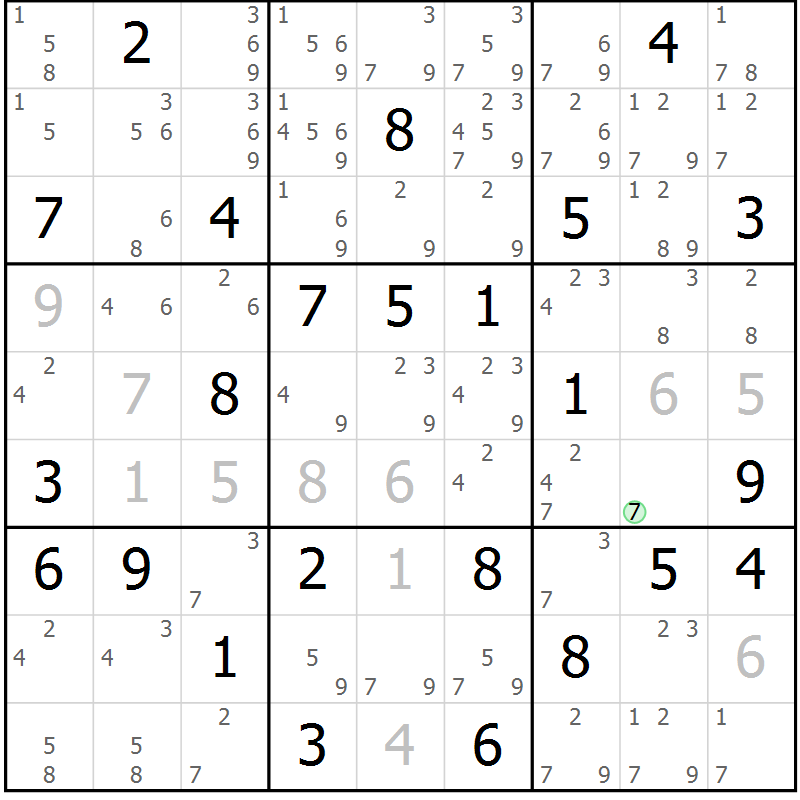 Position des candidats pour la solution de la Gr 68 page 71 du magazine de sudoku Maestro n° 104
