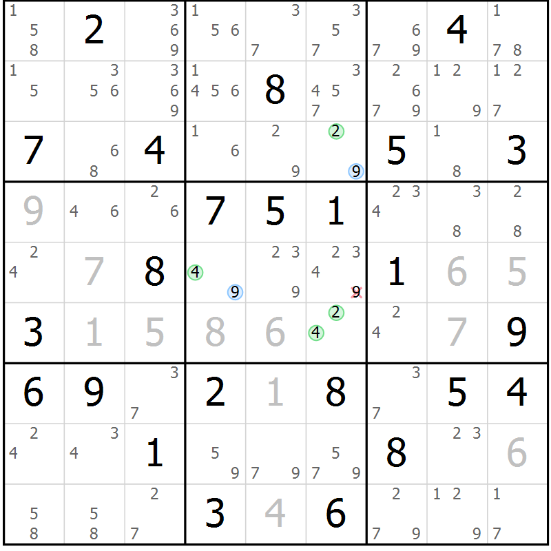Position des candidats pour la solution de la Gr 68 page 71 du magazine de sudoku Maestro n° 104