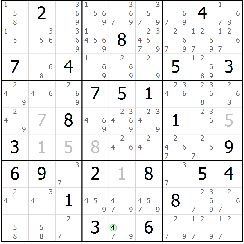 Position des candidats pour la solution de la Gr 68 page 71 du magazine de sudoku Maestro n° 104