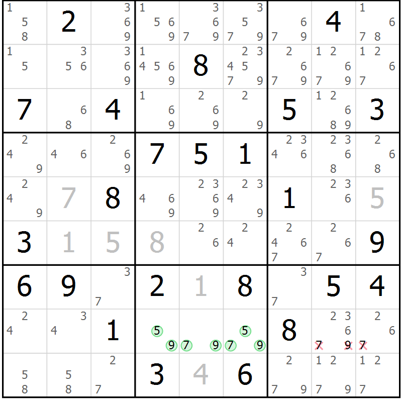 Position des candidats pour la solution de la Gr 68 page 71 du magazine de sudoku Maestro n° 104