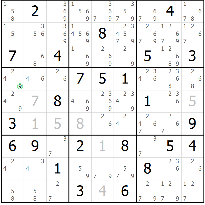 Position des candidats pour la solution de la Gr 68 page 71 du magazine de sudoku Maestro n° 104