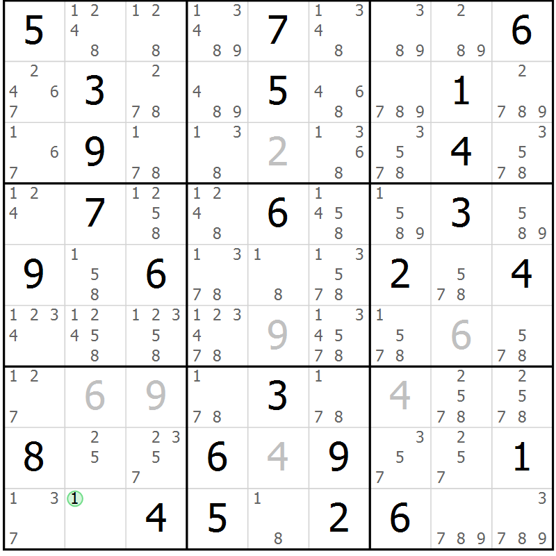 Position des candidats pour la solution de la Gr 69 page 72 du magazine de sudoku Maestro n° 104