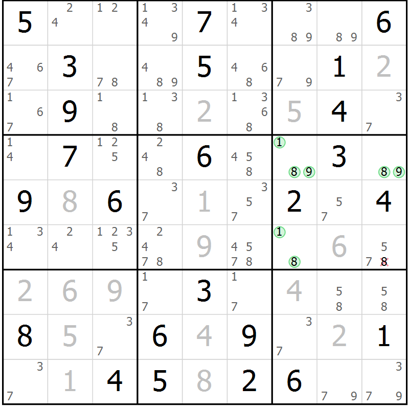 Position des candidats pour la solution de la Gr 69 page 72 du magazine de sudoku Maestro n° 104