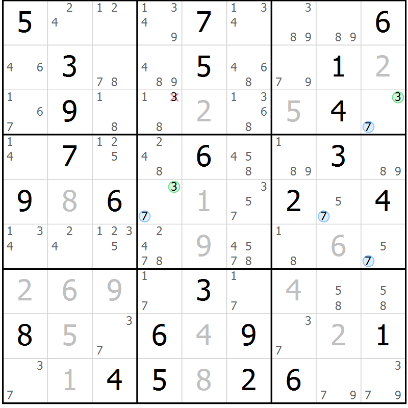 Position des candidats pour la solution de la Gr 69 page 72 du magazine de sudoku Maestro n° 104