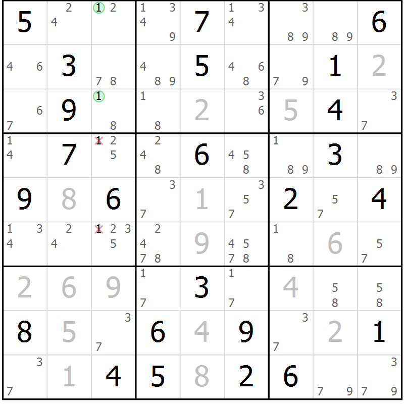 Position des candidats pour la solution de la Gr 69 page 72 du magazine de sudoku Maestro n° 104