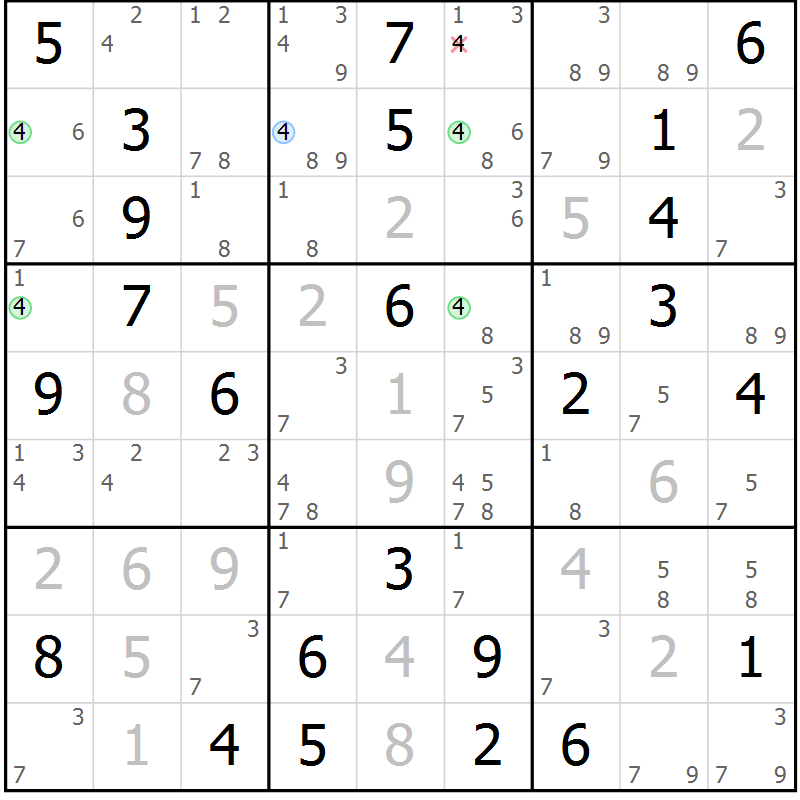 Position des candidats pour la solution de la Gr 69 page 72 du magazine de sudoku Maestro n° 104