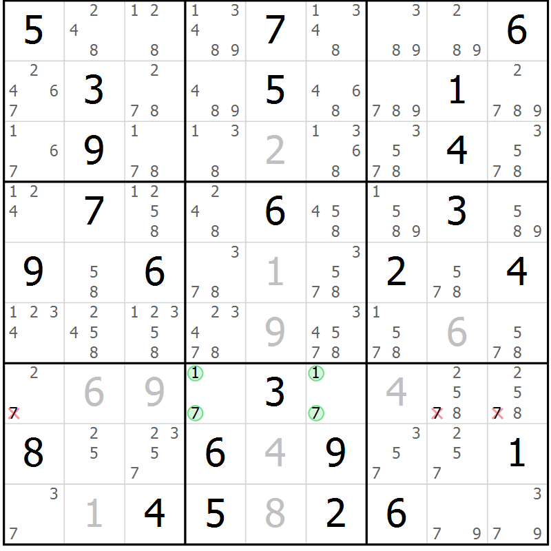 Position des candidats pour la solution de la Gr 69 page 72 du magazine de sudoku Maestro n° 104