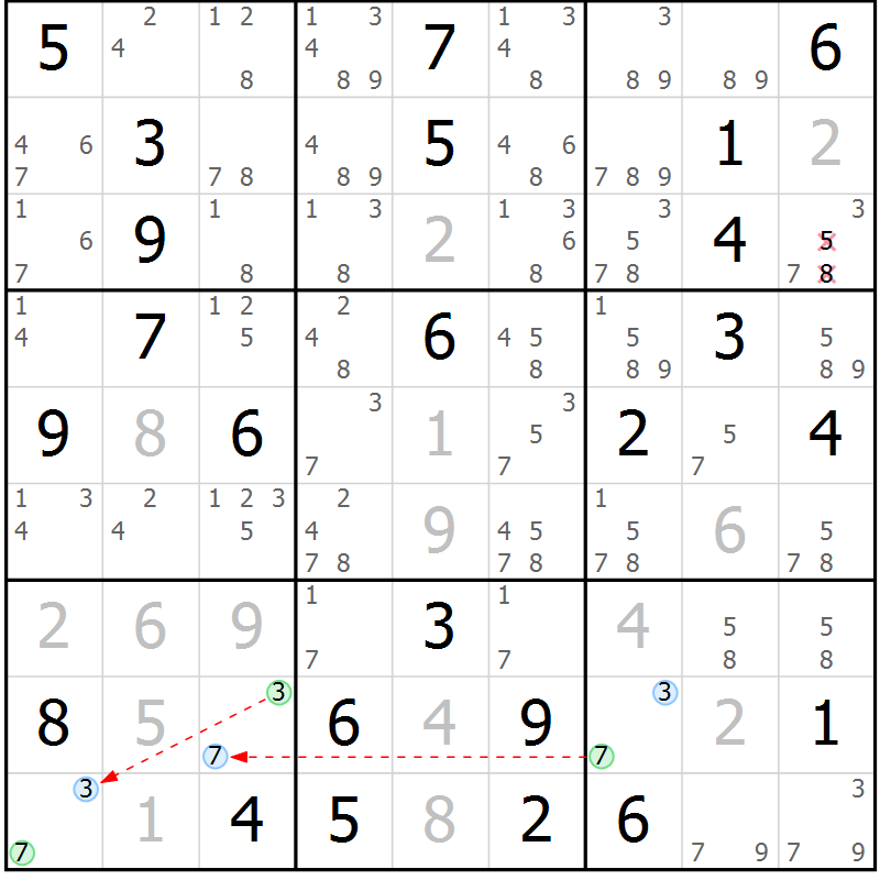 Position des candidats pour la solution de la Gr 69 page 72 du magazine de sudoku Maestro n° 104