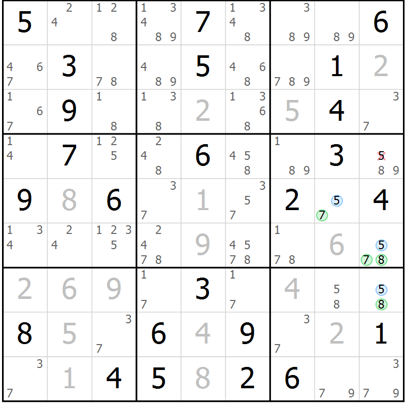 Position des candidats pour la solution de la Gr 69 page 72 du magazine de sudoku Maestro n° 104