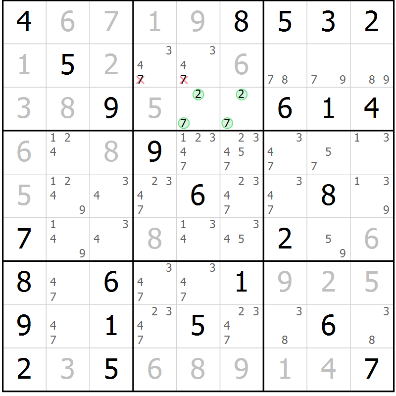 Position des candidats pour la solution de la Gr 7 page 10 du magazine de sudoku Maestro n° 104