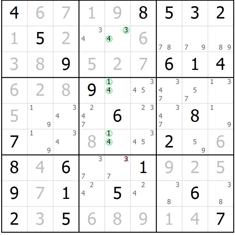 Position des candidats pour la solution de la Gr 7 page 10 du magazine de sudoku Maestro n° 104