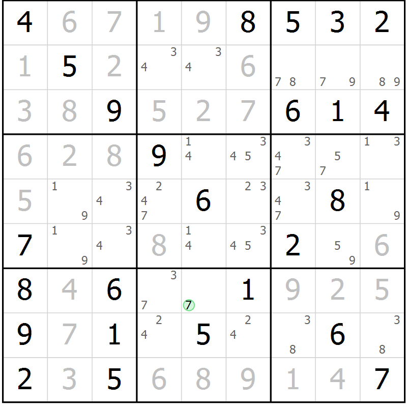 Position des candidats pour la solution de la Gr 7 page 10 du magazine de sudoku Maestro n° 104