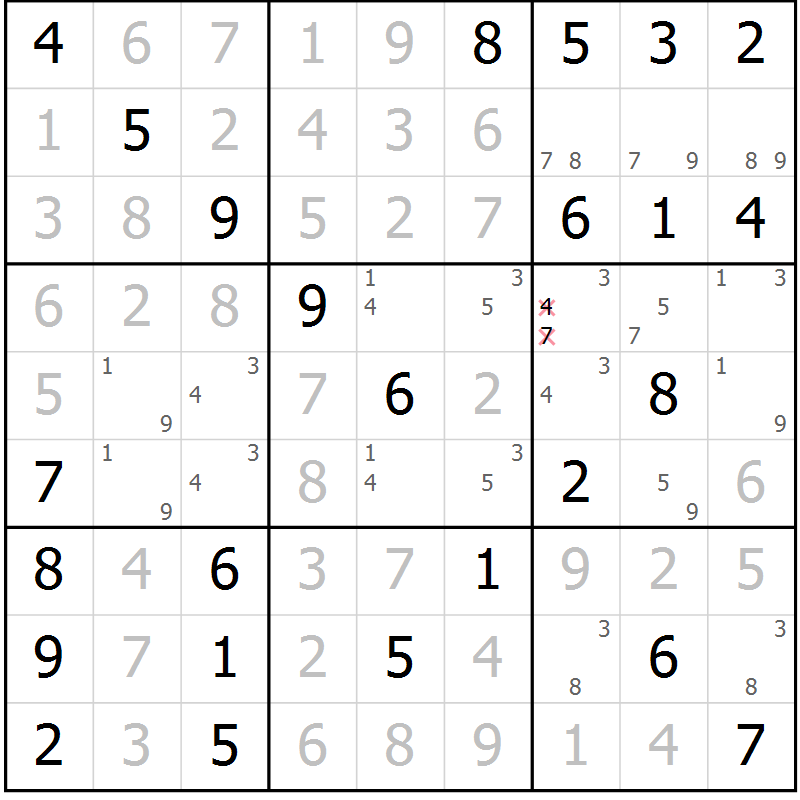 Position des candidats pour la solution de la Gr 7 page 10 du magazine de sudoku Maestro n° 104