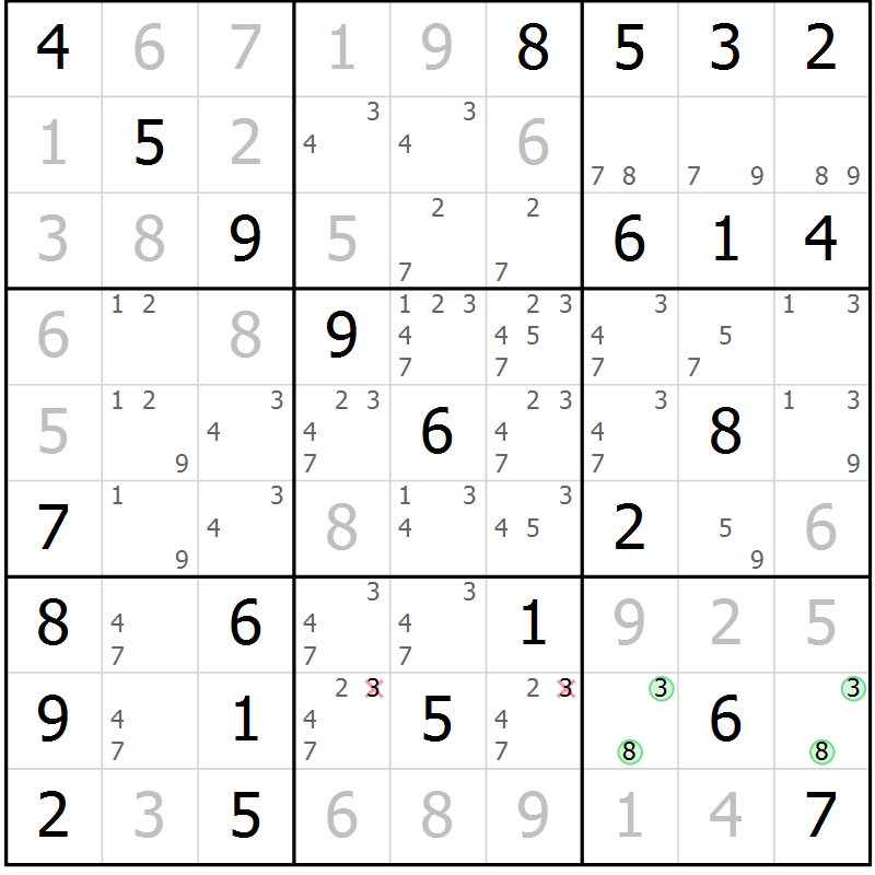 Position des candidats pour la solution de la Gr 7 page 10 du magazine de sudoku Maestro n° 104