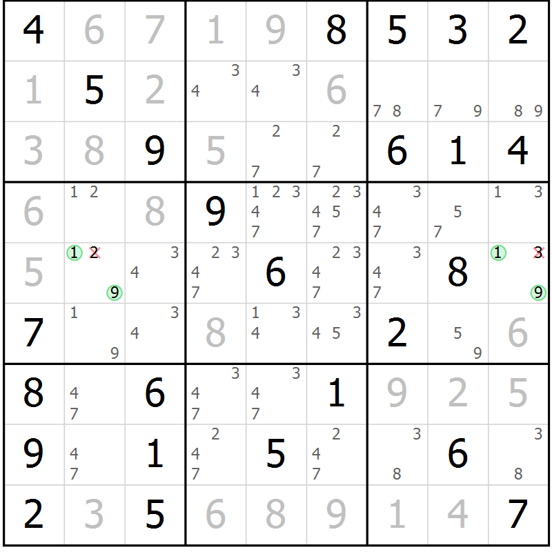 Position des candidats pour la solution de la Gr 7 page 10 du magazine de sudoku Maestro n° 104
