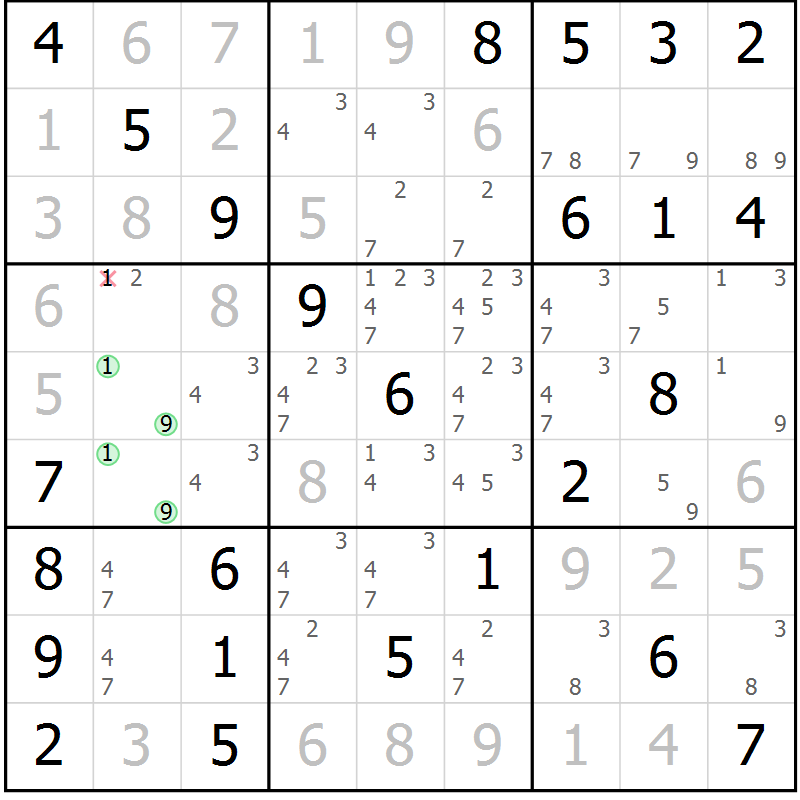 Position des candidats pour la solution de la Gr 7 page 10 du magazine de sudoku Maestro n° 104