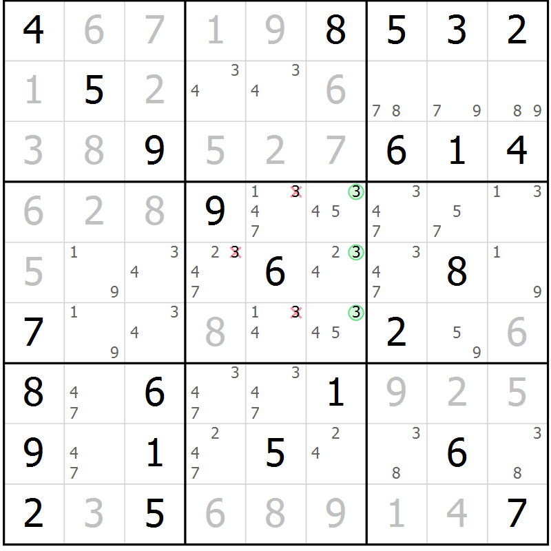 Position des candidats pour la solution de la Gr 7 page 10 du magazine de sudoku Maestro n° 104
