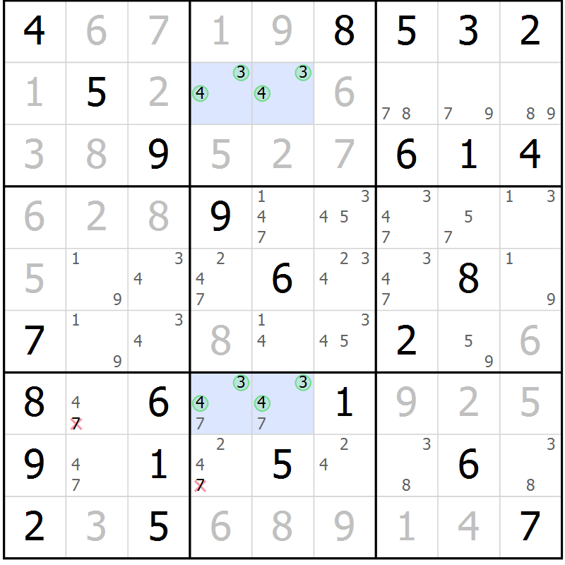 Position des candidats pour la solution de la Gr 7 page 10 du magazine de sudoku Maestro n° 104