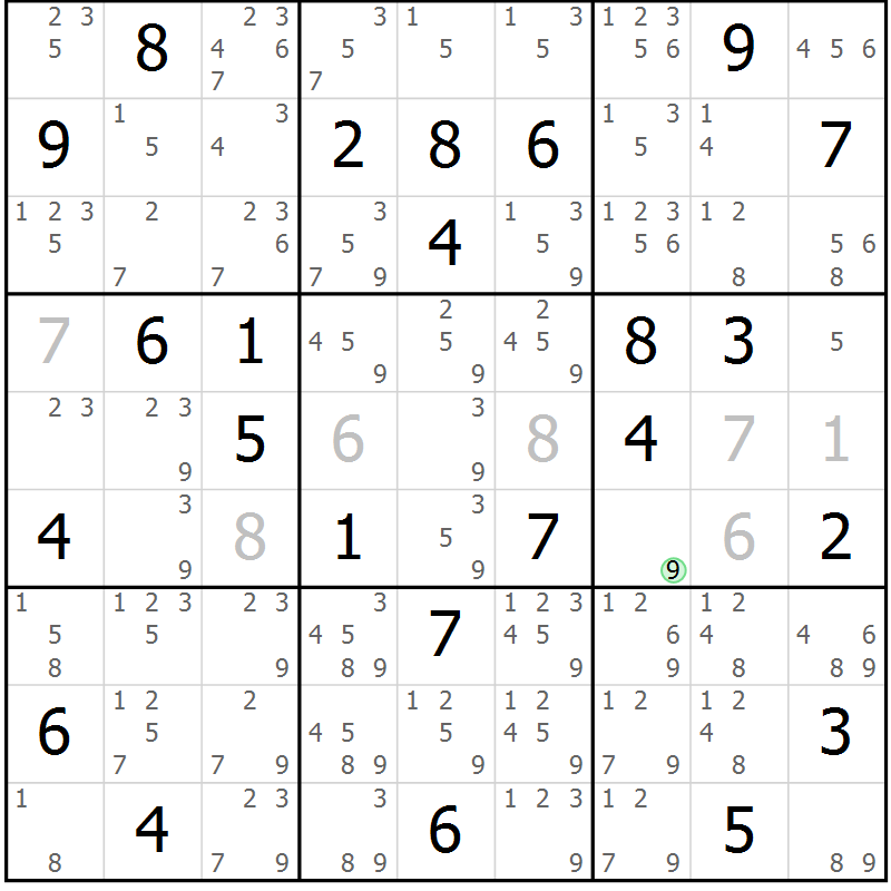 Position des candidats pour la solution de la Gr 70 page 73 du magazine de sudoku Maestro n° 104