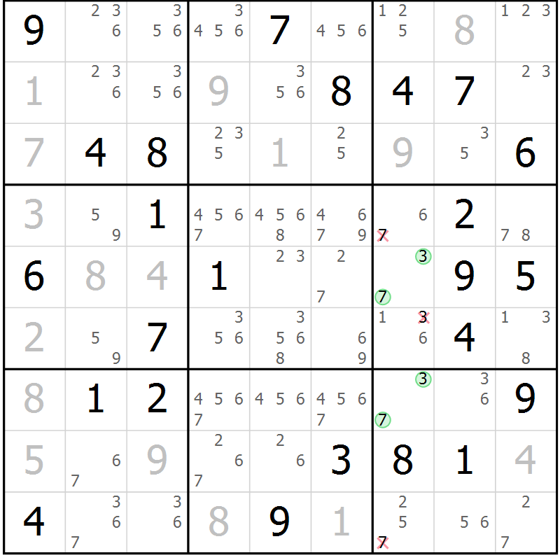 Position des candidats pour la solution de la Gr 71 page 74 du magazine de sudoku Maestro n° 104