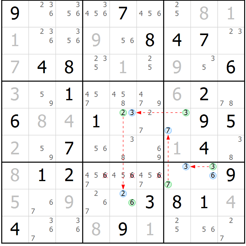 Position des candidats pour la solution de la Gr 71 page 74 du magazine de sudoku Maestro n° 104