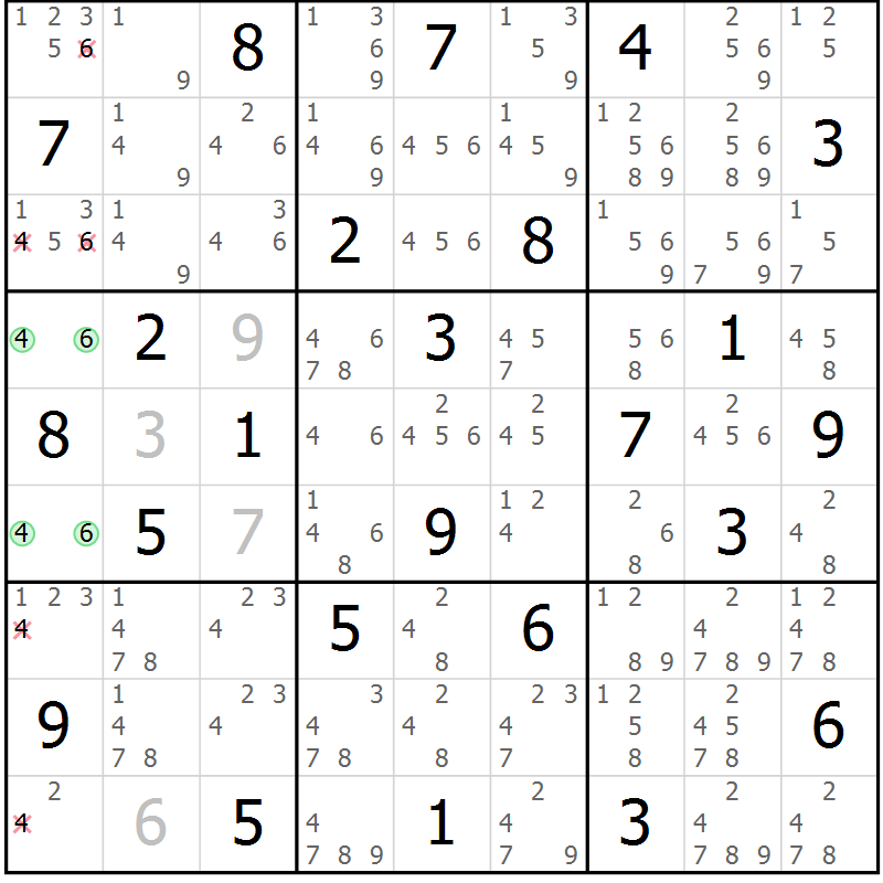 Position des candidats pour la solution de la Gr 72 page 75 du magazine de sudoku Maestro n° 104