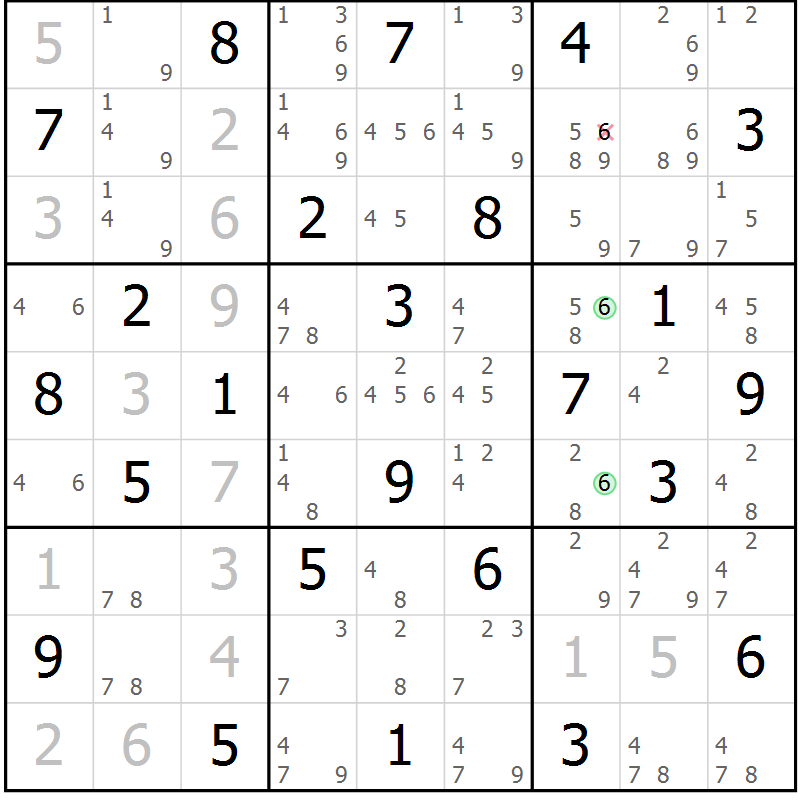 Position des candidats pour la solution de la Gr 72 page 75 du magazine de sudoku Maestro n° 104