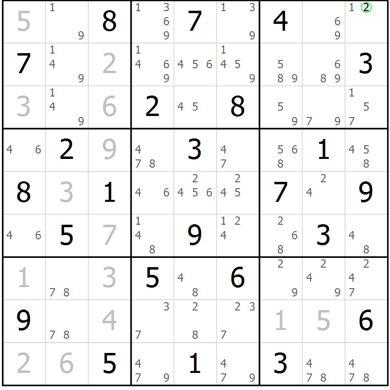 Position des candidats pour la solution de la Gr 72 page 75 du magazine de sudoku Maestro n° 104