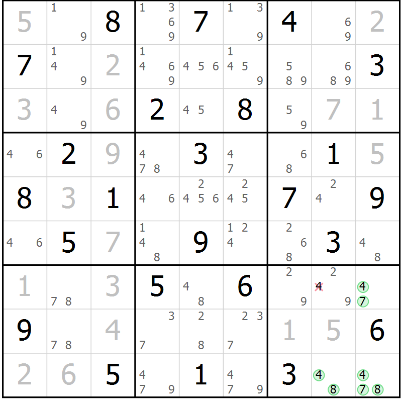 Position des candidats pour la solution de la Gr 72 page 75 du magazine de sudoku Maestro n° 104