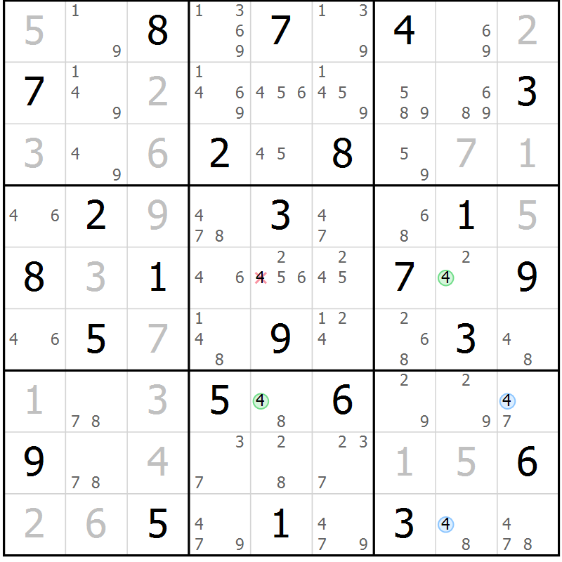 Position des candidats pour la solution de la Gr 72 page 75 du magazine de sudoku Maestro n° 104