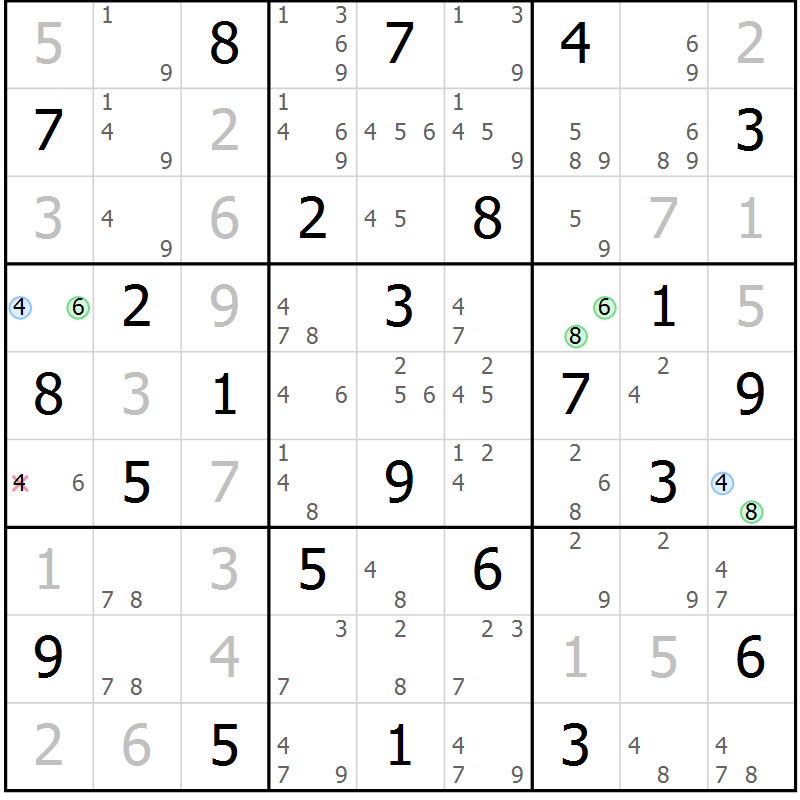 Position des candidats pour la solution de la Gr 72 page 75 du magazine de sudoku Maestro n° 104