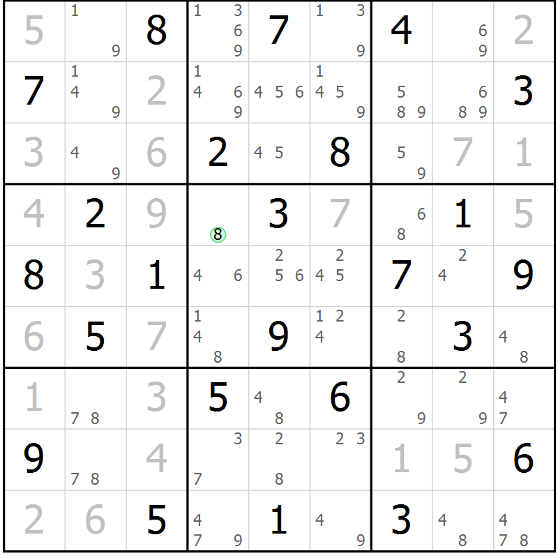 Position des candidats pour la solution de la Gr 72 page 75 du magazine de sudoku Maestro n° 104