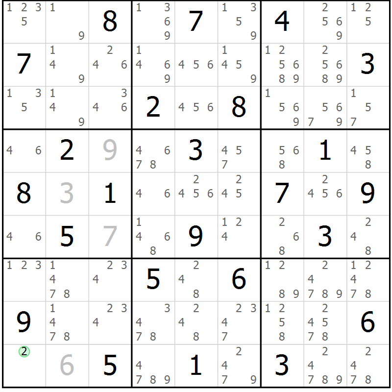 Position des candidats pour la solution de la Gr 72 page 75 du magazine de sudoku Maestro n° 104