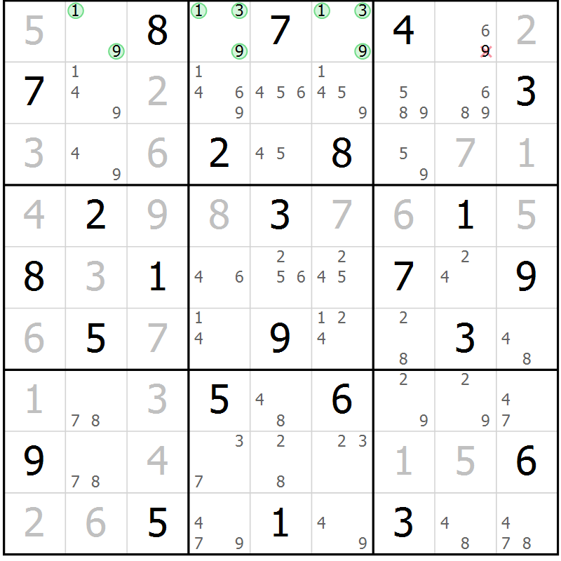 Position des candidats pour la solution de la Gr 72 page 75 du magazine de sudoku Maestro n° 104