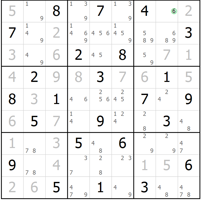 Position des candidats pour la solution de la Gr 72 page 75 du magazine de sudoku Maestro n° 104