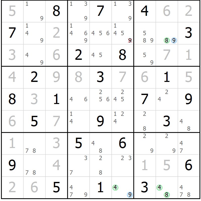 Position des candidats pour la solution de la Gr 72 page 75 du magazine de sudoku Maestro n° 104