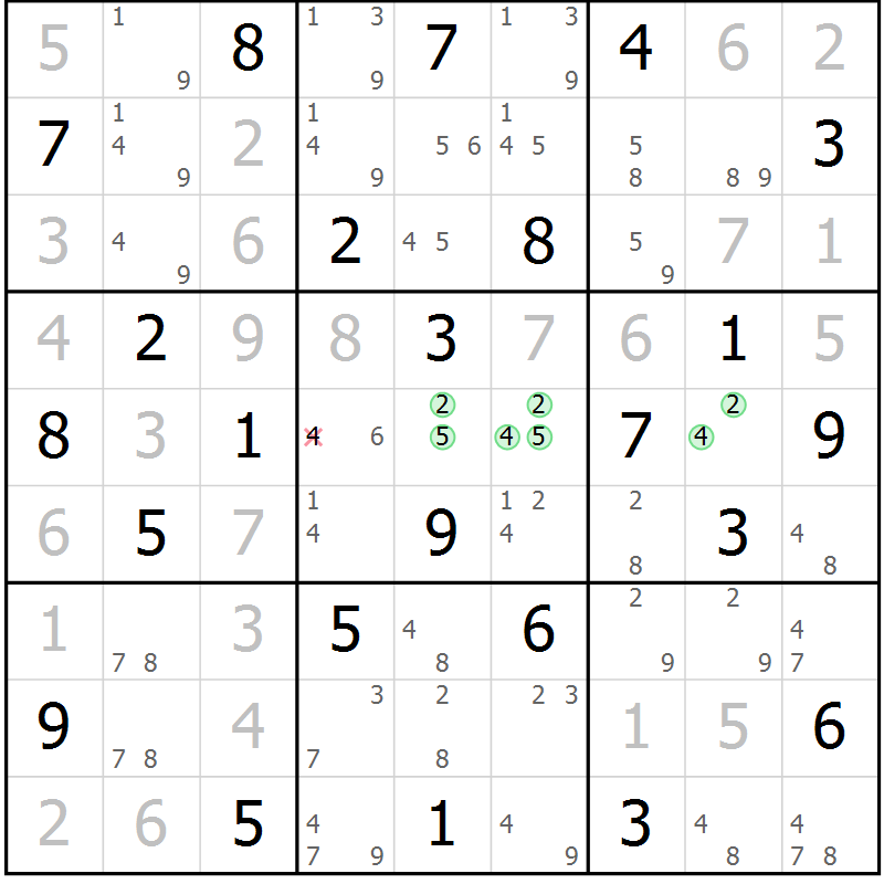 Position des candidats pour la solution de la Gr 72 page 75 du magazine de sudoku Maestro n° 104