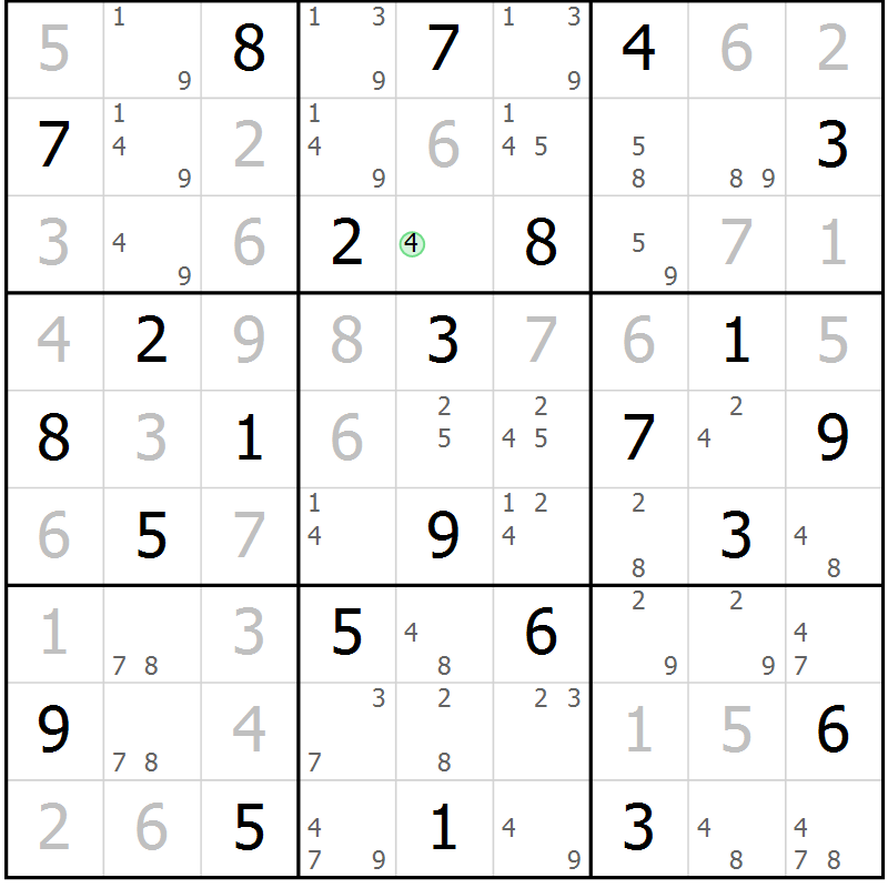 Position des candidats pour la solution de la Gr 72 page 75 du magazine de sudoku Maestro n° 104
