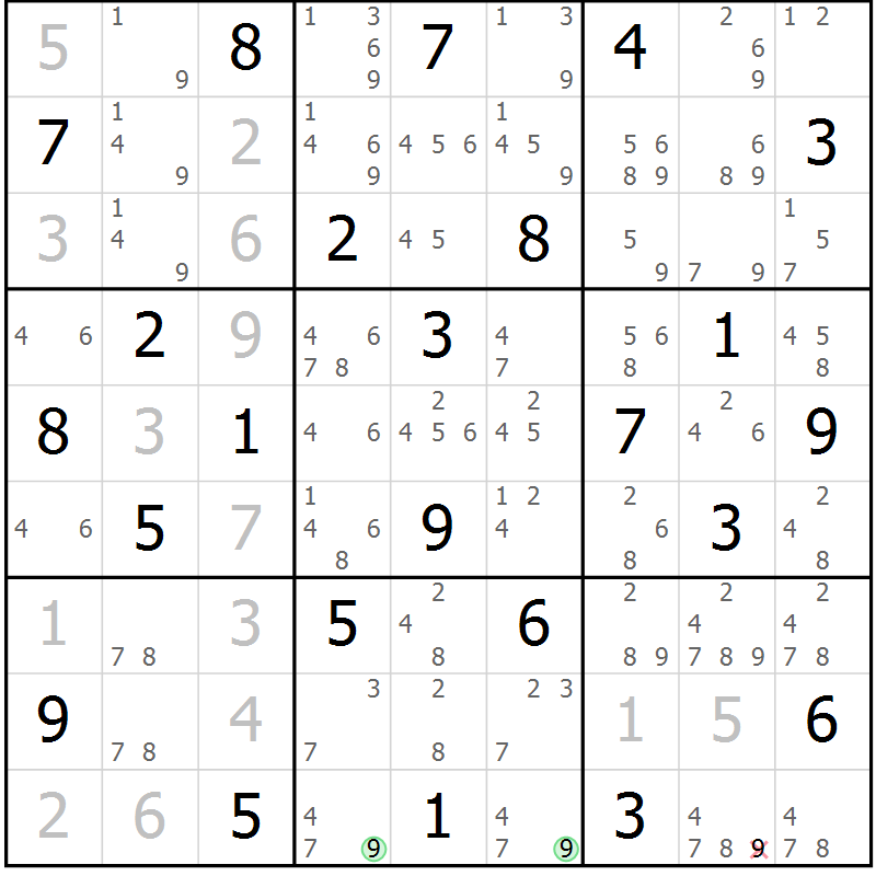 Position des candidats pour la solution de la Gr 72 page 75 du magazine de sudoku Maestro n° 104