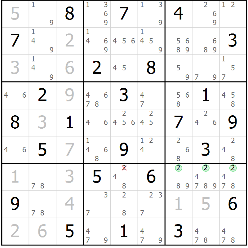 Position des candidats pour la solution de la Gr 72 page 75 du magazine de sudoku Maestro n° 104