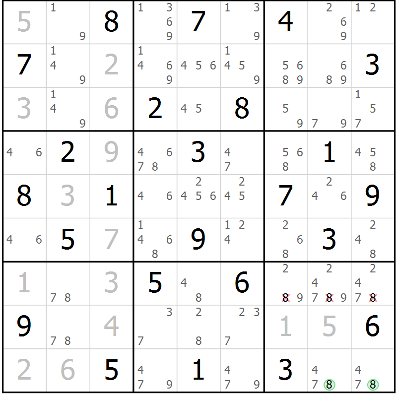 Position des candidats pour la solution de la Gr 72 page 75 du magazine de sudoku Maestro n° 104