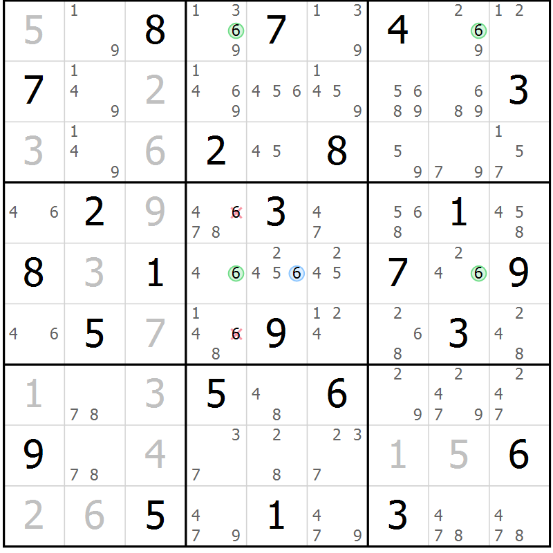 Position des candidats pour la solution de la Gr 72 page 75 du magazine de sudoku Maestro n° 104