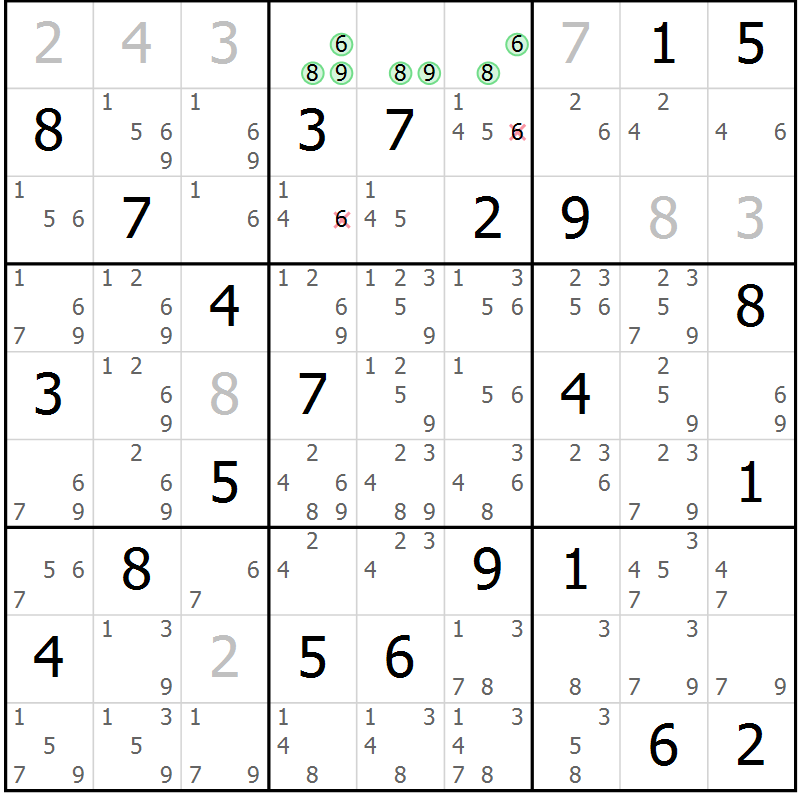 Position des candidats pour la solution de la Gr 73 page 76 du magazine de sudoku Maestro n° 104