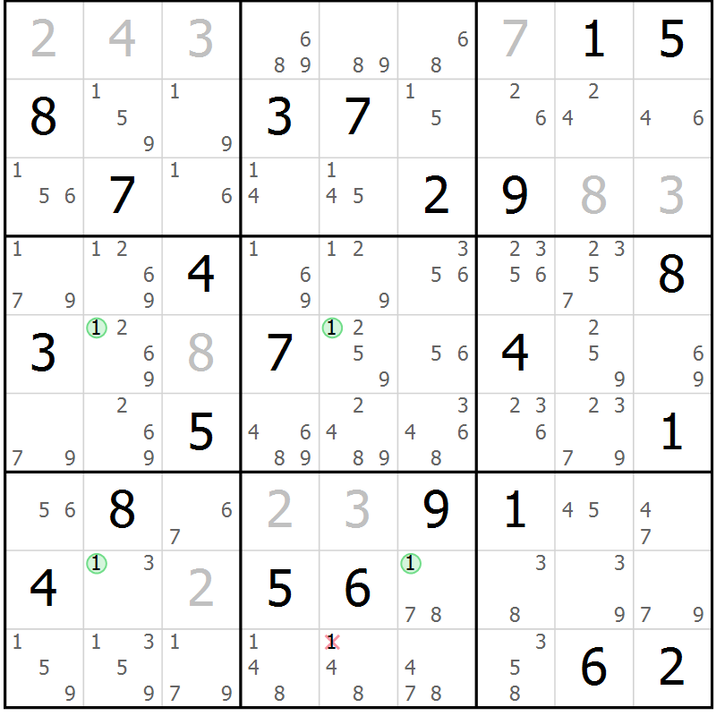 Position des candidats pour la solution de la Gr 73 page 76 du magazine de sudoku Maestro n° 104